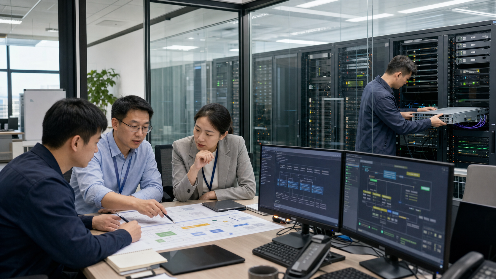 企业团队在真实机房环境中规划 AI 与现有核心系统的可逆集成
