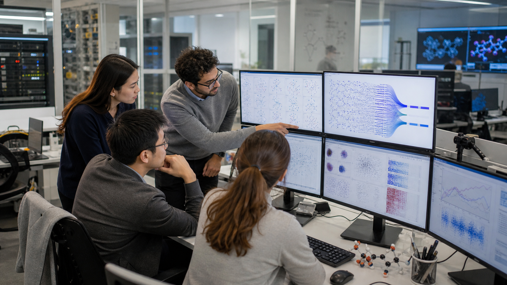 企业算法评估团队在计算化学实验室审查 AI 候选方案与测试结果