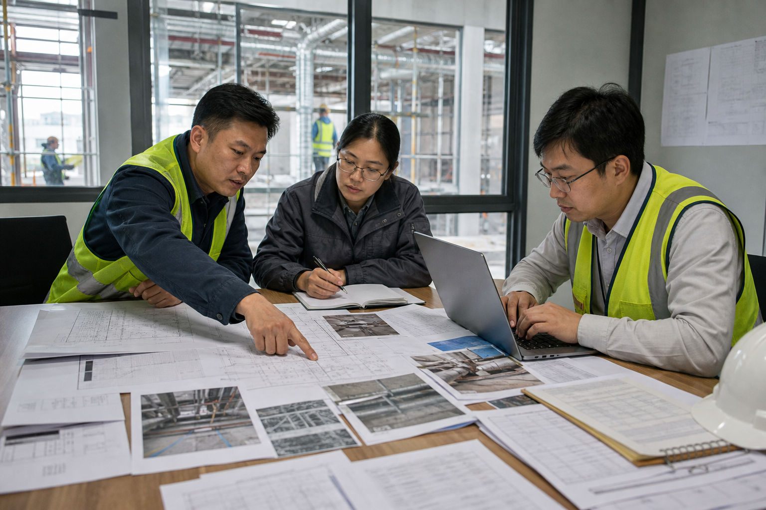 项目团队在现场会议室核对图纸、施工照片和材料记录